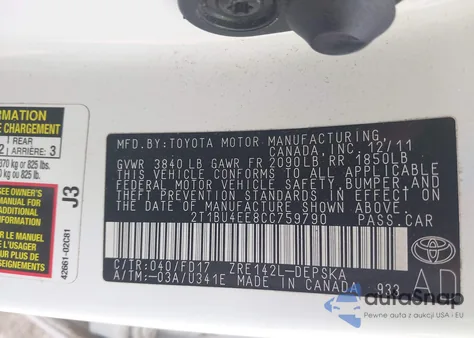 2012 Toyota Corolla S z USA, uszkodzony, nr VIN 2T1BU4EE8CC759790